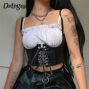 Darlingaga Streetwear Gothic Dark PU Leather Crop Top Women Hook Lace Up Punk Style Tank Cummerbunds Corset s To Wear Out 220407