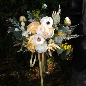 Wedding Flowers JaneVini Vintage Yellow White Bouquets Garden Bridesmaid Flower Artificial Roses Bridal Fake Bouquet Accesorios De NoviaWedd