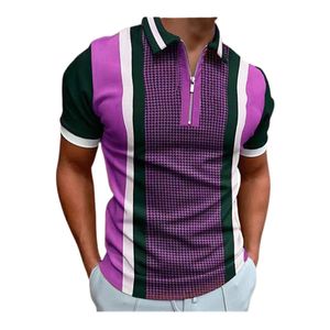 T-shirt da Europa e America Stripe Splice Golf Polos para homens Slim Fit Zipper Lapeel Designer de poli-algodão pólo Tamis