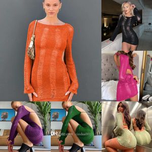 Designer Long Sleeve Women Casual Dresses Fall Sexy New Hollow Out Backless Knitted High Waist Hip Slim Dress