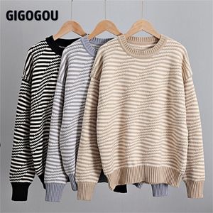 Gigogou tjocka överdimensionerade kvinnor pullover tröja långärmad dam kläder lyxiga jacquard stickade jumper varm kvinnlig tröja toppar 201225