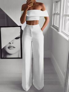 Women's Tracksuits Summer White Black 2 Piece Set Women Clothing Wide Leg Pants Suits Sexy Cropped Top + Long Trousers Fashion Woman