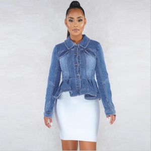 Jackets femininos femininos Jacket Blue Jacket Ruffle Hem Slim Fit Jeans Casaco Vintage Turn Bout Down Collar Roupas de Boutique Outerwearwomen
