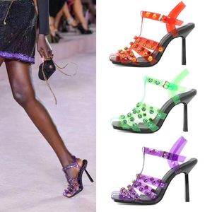 Wholesale american shows for sale - Group buy Sandals European And American Catwalk Show Rivet Rhinestone Transparent Belt Thin High Heel Square Head Women s Large Size Sandals