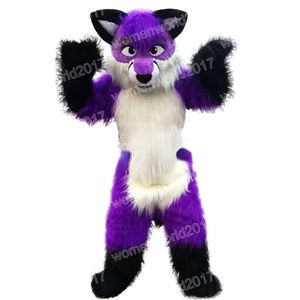 Halloween Purple Hair Longo Husky Dog Mascot Costume de alta qualidade Caracteres de desenhos animados Suites unissex adultos roupas de natal vestido de chiques de natal