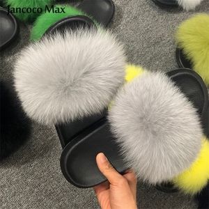 Jancoco Max Fashion Fur Slides Real Fur Women Slipper Summer Beach Sandals Natural Murs Flops S6043 Y200423