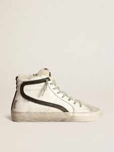 High Top Dirty Shoes Designer Luxurious Italian Vintage Handmade Leather Slide Sneakers with Shearling Inlays