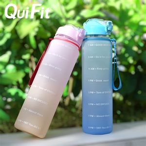 Quifit Water Bottle 1 Liter Silicone Straw Spout Cap Gallon , BPA-Free, Daily Drinking with Time Stamp 220307