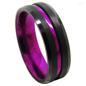 Bröllopsringar Design 6/8mm Bredd Mens Purple Plated Black Tungsten Carbide Grooved Center Matte Färdig storlek 6-12