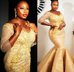 2022 Plus Size Arabic Aso Ebi Gold Mermaid Sparkly Prom Dresses Lace Beaded Evening Formal Party Second Reception Birthday Engagement Gowns Dress ZJ622