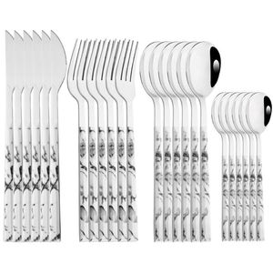 Zestawy naczyń obiadowych Drmfiy białe srebrne sztućce ze stali nierdzewnej 6/24pcs marmurowa konsystencja uchwytu stołowa stołowa stolika nóż łyżka