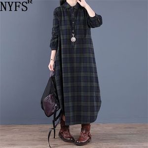 NYFS 2022春秋のシャツのドレスヴィンテージルーズコットンロングドレスvestidos Robe Dete Fem文学的格子縞の女性ドレス220316