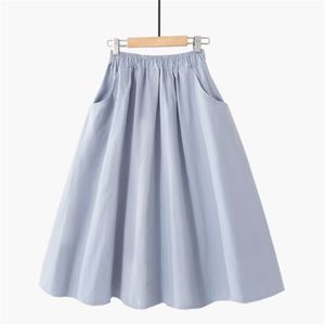 Spring Summer Solid Cotton Skirt Women Elastic High Waist Midi Skirts Femme With Pocket Simple Black Skirt Women Korean Skirt 210306