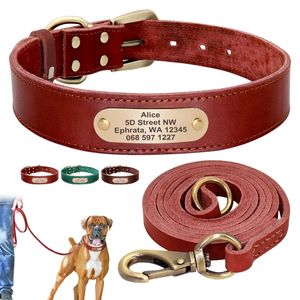 Personalized Dog Collar And Leash Set Real Leather Pet Collars Dogs Walking Lead Leash for Small Large Dogs Pitbull XXL 220610