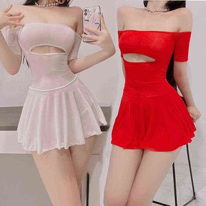 Mikro Mini Elbise Kulübü Giyim Seksi Sheer Kadınlar Buz Ipek A-Line Pileli Elbise Kadın Pijama Thong Y220401 ile Ruffled Elbise