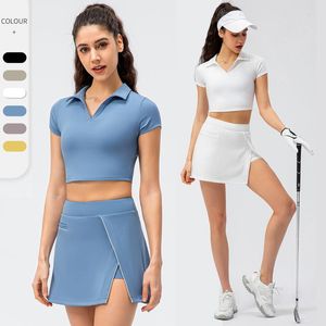 Футболки для гольфа, женские летние теннисные костюмы для йоги, укороченный топ для фитнеса с лацканами, юбка 2 в 1, комплект одежды для тренировок, спортивная одежда для бадминтона