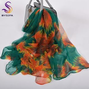 [bysifa]オレンジグリーンシルクスカーフ冬のファッションアクセサリー秋のブランドヒマワリの女性ロングスカーフレディース薄いシルクスカーフ220511