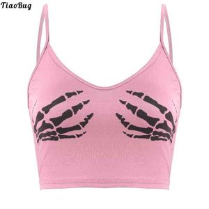 TiaoBug Sexy Gothic Club Sommer Frauen Crop Top Camis Schwarze Ärmellose Menschliches Skelett Schädel Hand Gedruckt Strumpfhosen Weste Streetwear G220414