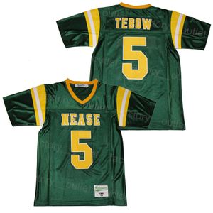 Män gymnasiet fotboll Autograferad Nease 5 Tim Tebow Jersey Moive College Team Color Green All Stitched Breattable för Sport Fans Hiphop University till försäljning