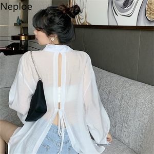 Neploe Korean Sunscreen Shirt Women Summer Clothes Fashion Bandage Blouses Elegant Loose Long Sleeve See Through White Tops 220705