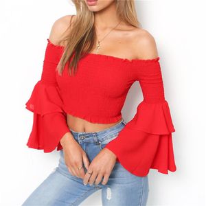 Kırmızı Ruffle Tops toptan satış-Yeni Varış Kadınlar Moda Omuzdan Omuz Çarpma Üst Parlama Kol Bluz Yaz Seksi Mahsul Kırmızı Sarı Eğik Boyun Kadınlar265Q