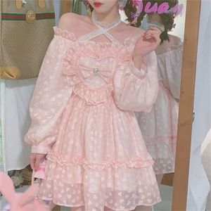 秋のピンクのスイートロリータドレス女性日本カワイイ妖精パーティーミニドレス女性韓国のレースのホルターかわいい王女のドレス220317