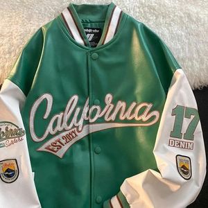 Men's Jackets Letter Embroidered American Retro Leather Men Green Casual Loose Motorcycle Baseball Uniform Women Bomber Coat All MatchMen's