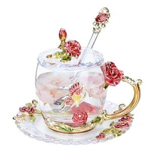 Red Rose Enamel Coffee cup Mug Crystal Glass Cups and mugs Highgrade Tea Cup Drinkware Gift Couple For Lover Set Y200104