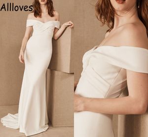 Simple Elegant Satin Wedding Dress With Sweep Train Off The Shoulder Plus Size Arabic Aso Ebi Robes de Mariee Pleats Fashion Beach Bridal Gowns CL0531