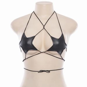 Kadın Parlak Metalik Yıldız Strappy Tüp Kırpma Üst Seksi Kaşkorse Halter Rave Wrap Broşür Sutyen Lace Up Bralette Siyah Beyaz