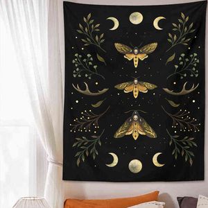 Hippie Psychedelic Moon Teppich Wandbehang Totenkopf Motiv Schlange Blumen Blätter Muster Raumdekoration Ästhetische Boho Kunst Wanddecke J220804