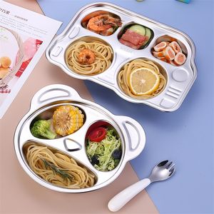 Children's Plate Cute Bus Bear Stainless Steel Grid Plate Kids Breakfast Dinner Dinnerware Baby Food Feeding Dishes Tray 220512