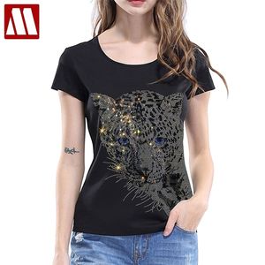 Boho Black leopardo cabeça gráfico tees mulheres de algodão manga curta o pescoço tshirt fashion diamante t-shirt casual camiseta 220321