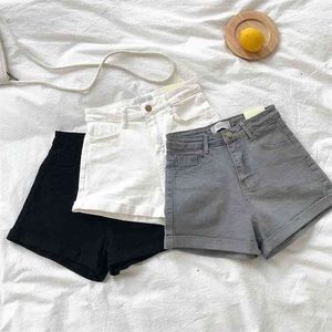 Summer Style Solid Retro High Waist Curled Denim Shorts Female Korean of Slim Trend Short Jeans Women 210709