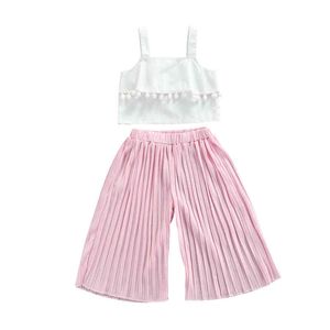 Citgeett Summer Kids Girls Outfit Sweet Style Solid Coloreseveless Garter Top Wide Pipes Pants Clothing Set J220711