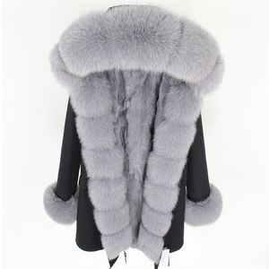 Kvinnor Pure Cotton Jacket Real Rabbit fodrad Long Jacket New Collar Park's Coats Fur Coat 201016