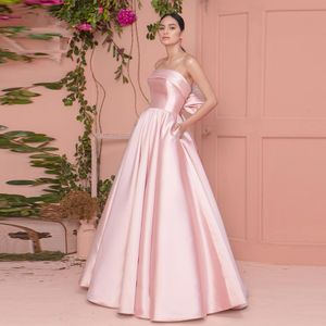 Fancy Pink Satin Big Bow Prom Dresses Back senza spalline senza spalline Una linea Abiti da ballo da ballo da ballo