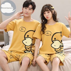 Verão de malha de algodão pato pato impressão sono pijama sets para casais ternos curtos amantes de jovens pijamas 4xl casas de moda 220705