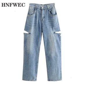 Autumn And Winter New Fashion Retro Solid Color Hole Loose Temperament Wide Leg Jeans Women D214