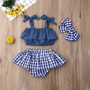 Wholesale ruffled baby clothes for sale - Group buy Clothing Sets Baby Girl Sling Ruffle Crop Top Girls Plaid Mini Skirt Headband Outfits Clothes Summer Born SetsClothing
