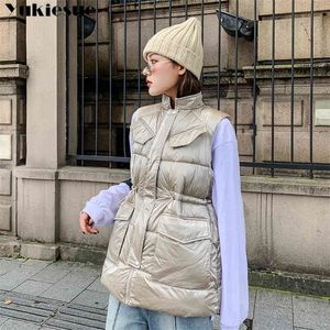 Winter Women Vest الطويلة الطويلة طوق صدرية السحاب جيب ثخن أكمام دافئة Sintepon سترة باركا للإناث 210412