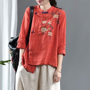 Spring Arts Style Women Vintage Button Stand Collar Loose Shirts Cotton Linen Embroidery Blouse Femme Blusas Plus Size S700 210302