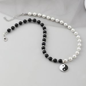 Hip hop tai chi halsband kvinna svart pärlor vit pärla skvaller hängsmycke halsband smycken för tjejer
