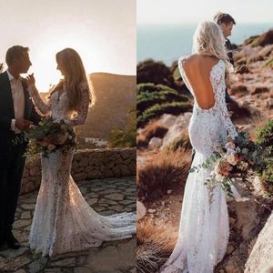 Beach Mermaid Bröllopsklänningar Full Lace Applique V-Neck Backless Långärmad Land Bohemian Bridal Gown Robe de Soirée