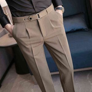 New Design Men High Waist Pants Solid England Business Casual Suit Pants Belt Straight Slim Fit Bottoms White Clothing J220629