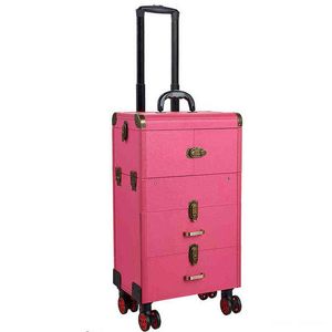 Fashion Trolley Cosmetic Case Aluminium przenośne makijaż podróżny profesjonalne pudełko kołowe koła Bagaż J220708 J220708