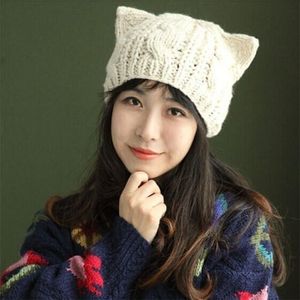Güzel Kedi Kulakları Örme Şapka Kadınlar Düz Renk Sıcak Şapkalar Lady Kawaii Kış Beanies Sıradan Yün Kapakları 220727