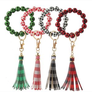 Buffalo Plaid Wood Bead Bransoletka Biżuteria Czarny Biały Sprawdzić Leopard Tassel Breloki Bransoletka Anty Straty Fringe Bransoletki Nadgarstek Klucz Breloczkowy Akcesoria BC8004