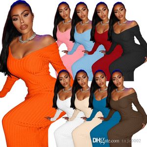 2022 herbst Frauen Bodycon Kleid Gerippte Mode Gestrickte Pullover Rock Sexy Off Schulter Langarm Maxi Kleider Plus Größe