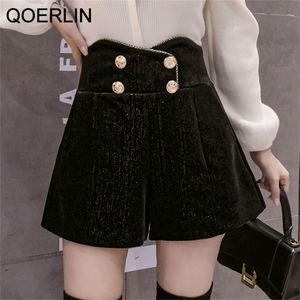 QOERLIN Winter Chenille Shorts Frauen Woolen Shorts Hohe Taille Taste Zurück Reißverschluss Kurze Hosen Frauen Schwarz Bermuda Plus Größe 220419